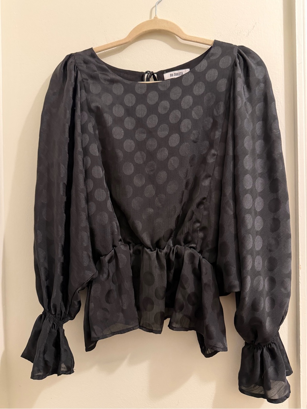BB Dakota Black Polka Dot Peplum Blouse